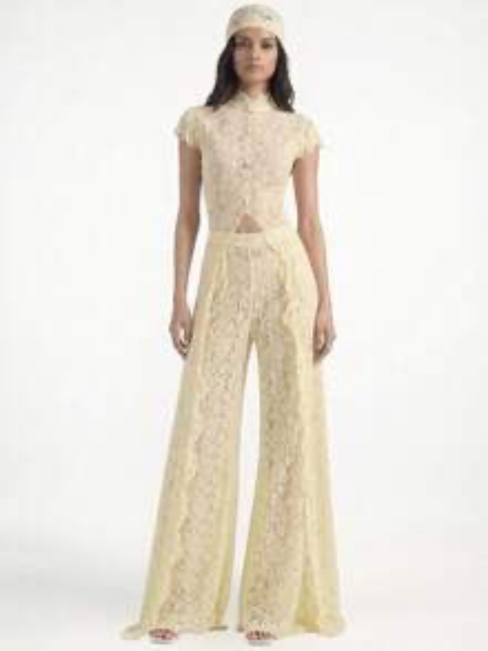 Women High Neck Short Sleeve Hollow Lace Cutout Waist Slit Wide Leg Jumpsuit